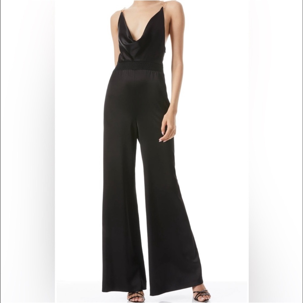 Alice & Olivia Black Satin Wide-Leg Jumpsuit
